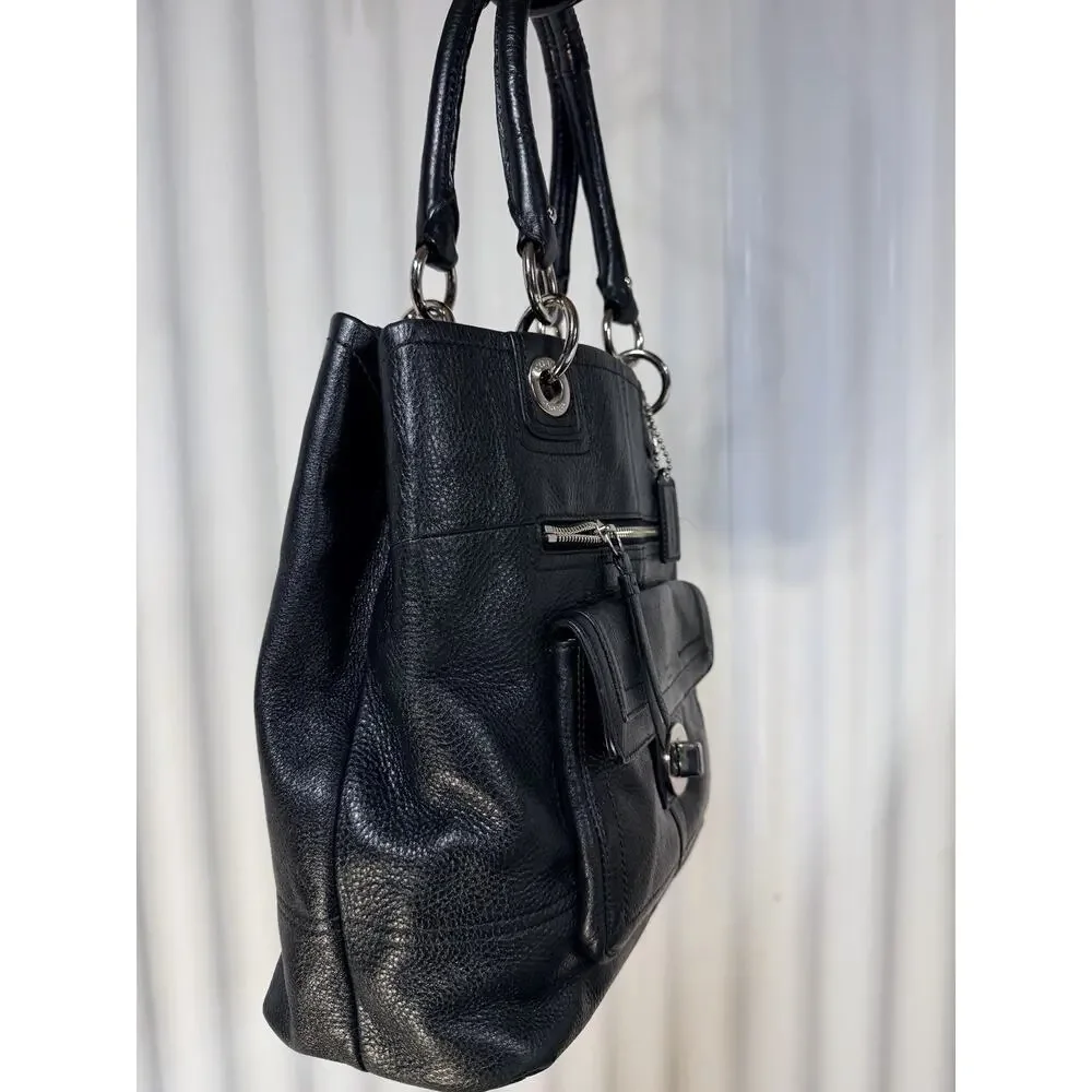 VTG Coach Hamptons Pebble Leather Tote Bag Black F1569 Lime Green Satin Interior